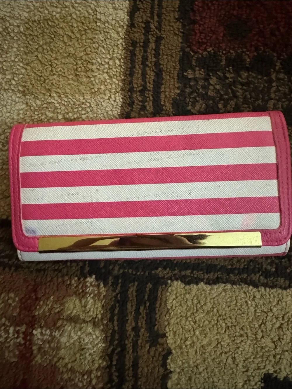 PINK Victoria's Secret Hot Pink and White Striped Wallet Clutch with Gold Bar